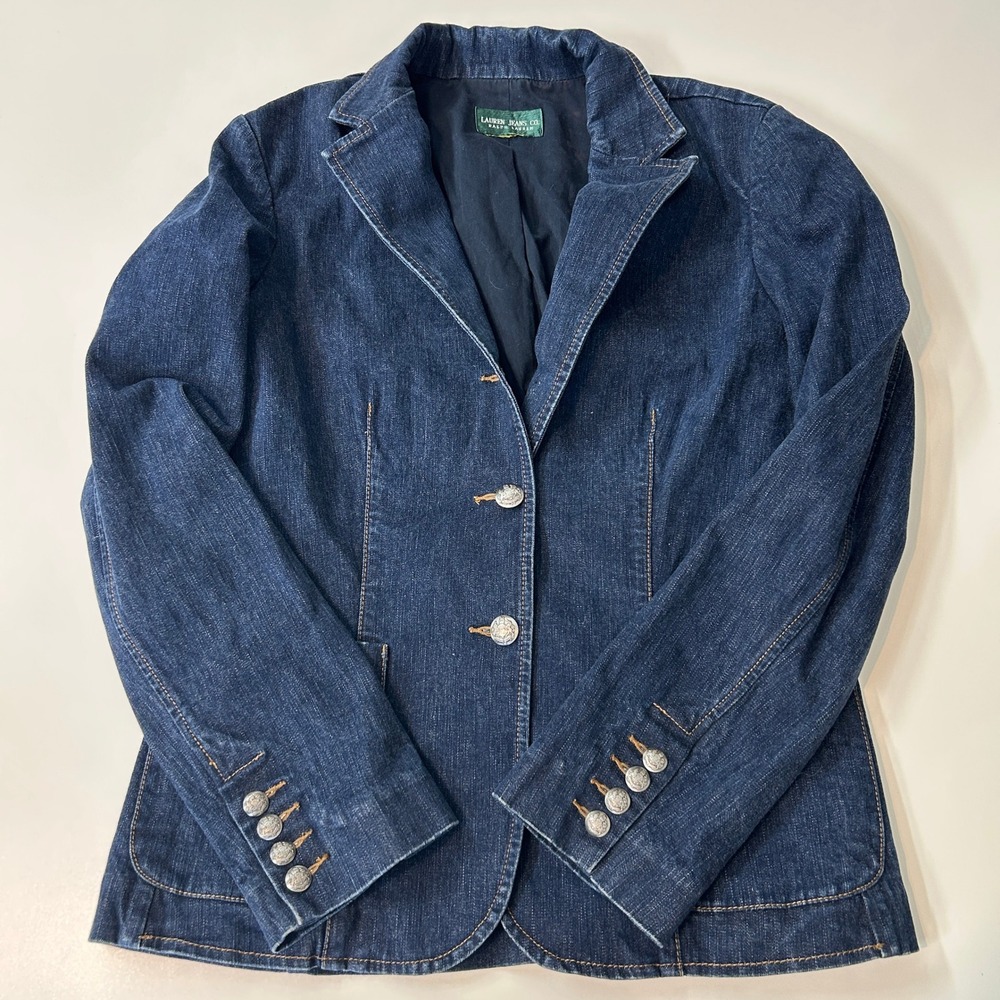 VTG Ralph Lauren Lauren Jeans Co. Denim Blazer Dark Wash Crested Button Jacket